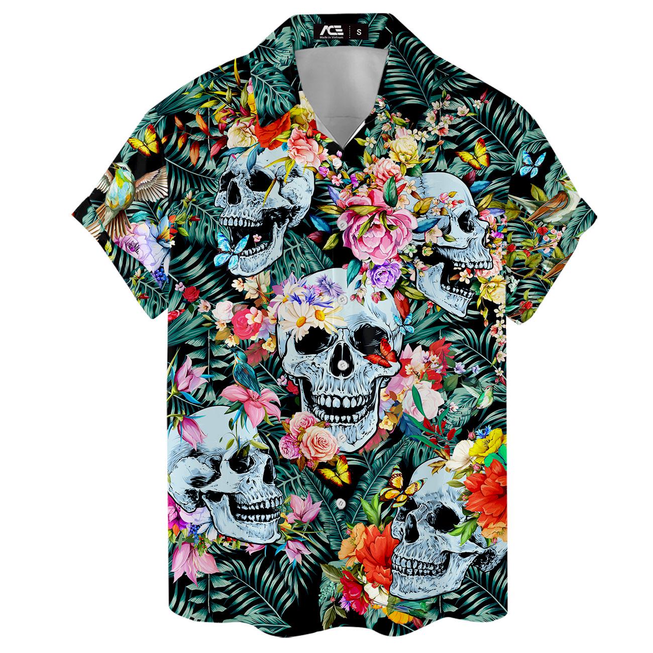 Front view of colorful skull print Hawaiian shirt