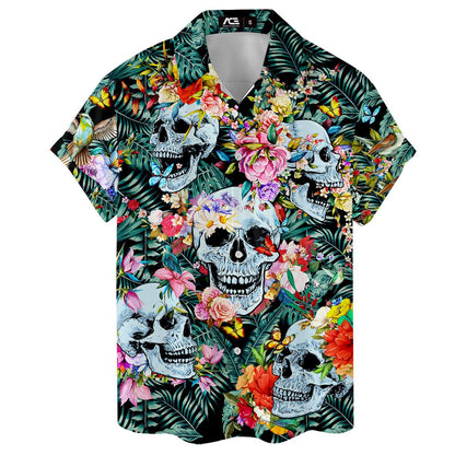 Front view of colorful skull print Hawaiian shirt