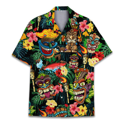 Front view of colorful tiki mask Hawaiian shirt with flaming torches and tropical hibiscus flowers