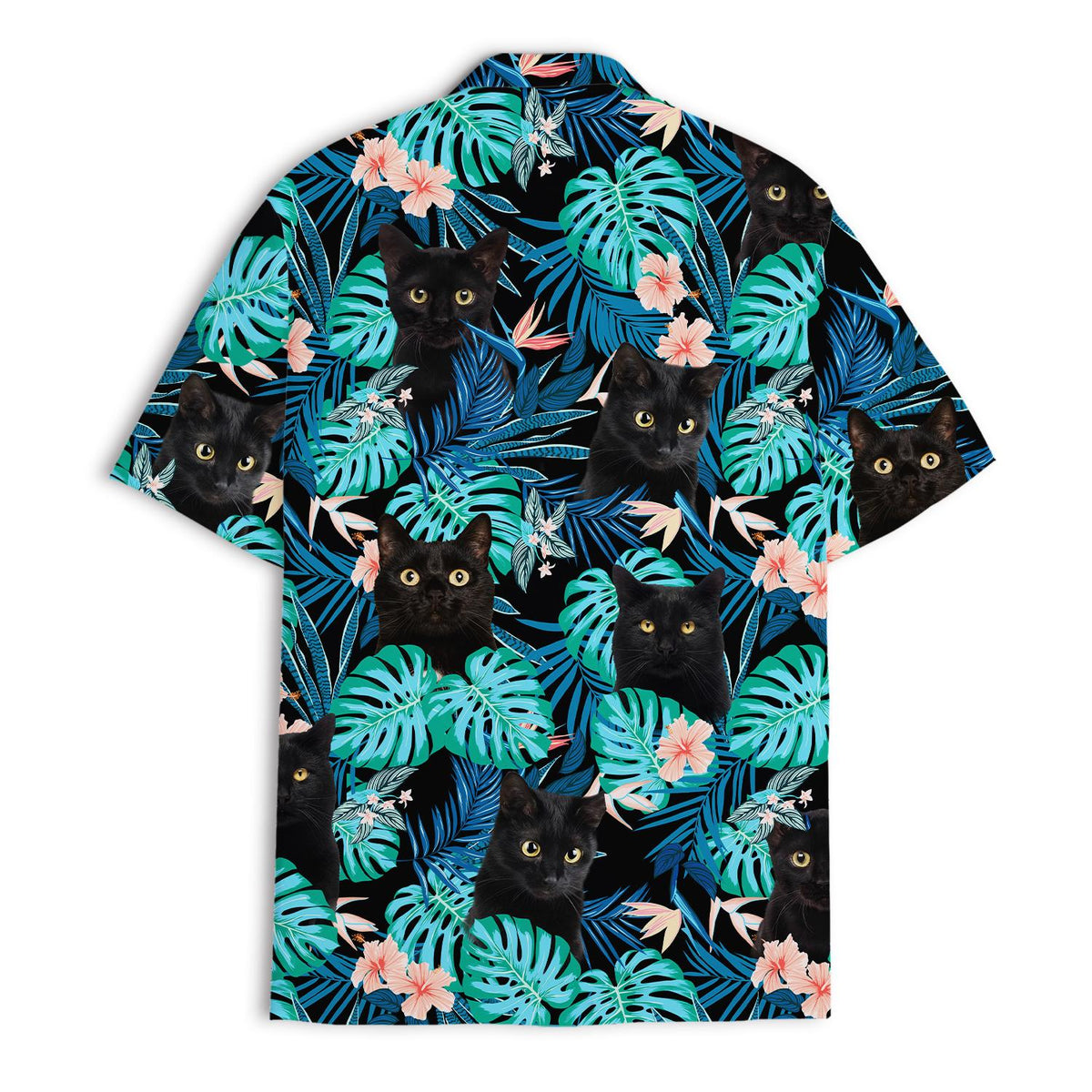 All-over tropical cat print on a short-sleeve Hawaiian shirt