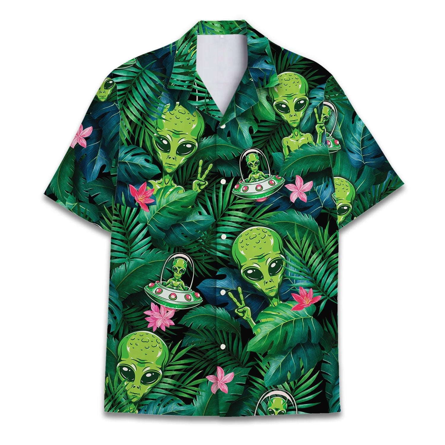 Front view of green alien and UFO tropical Hawaiian shirt with jungle leaves and pink flowers
