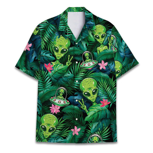 Front view of green alien and UFO tropical Hawaiian shirt with jungle leaves and pink flowers