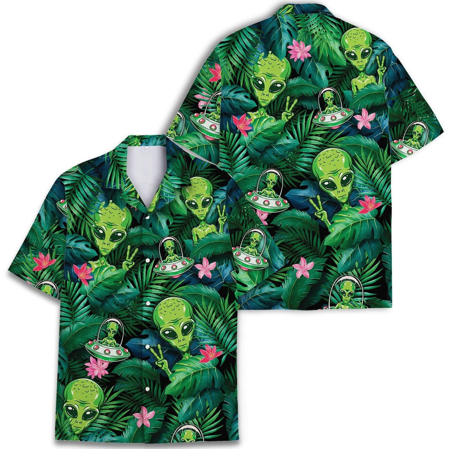 Two views of an alien UFO tropical Hawaiian shirt with colorful jungle print