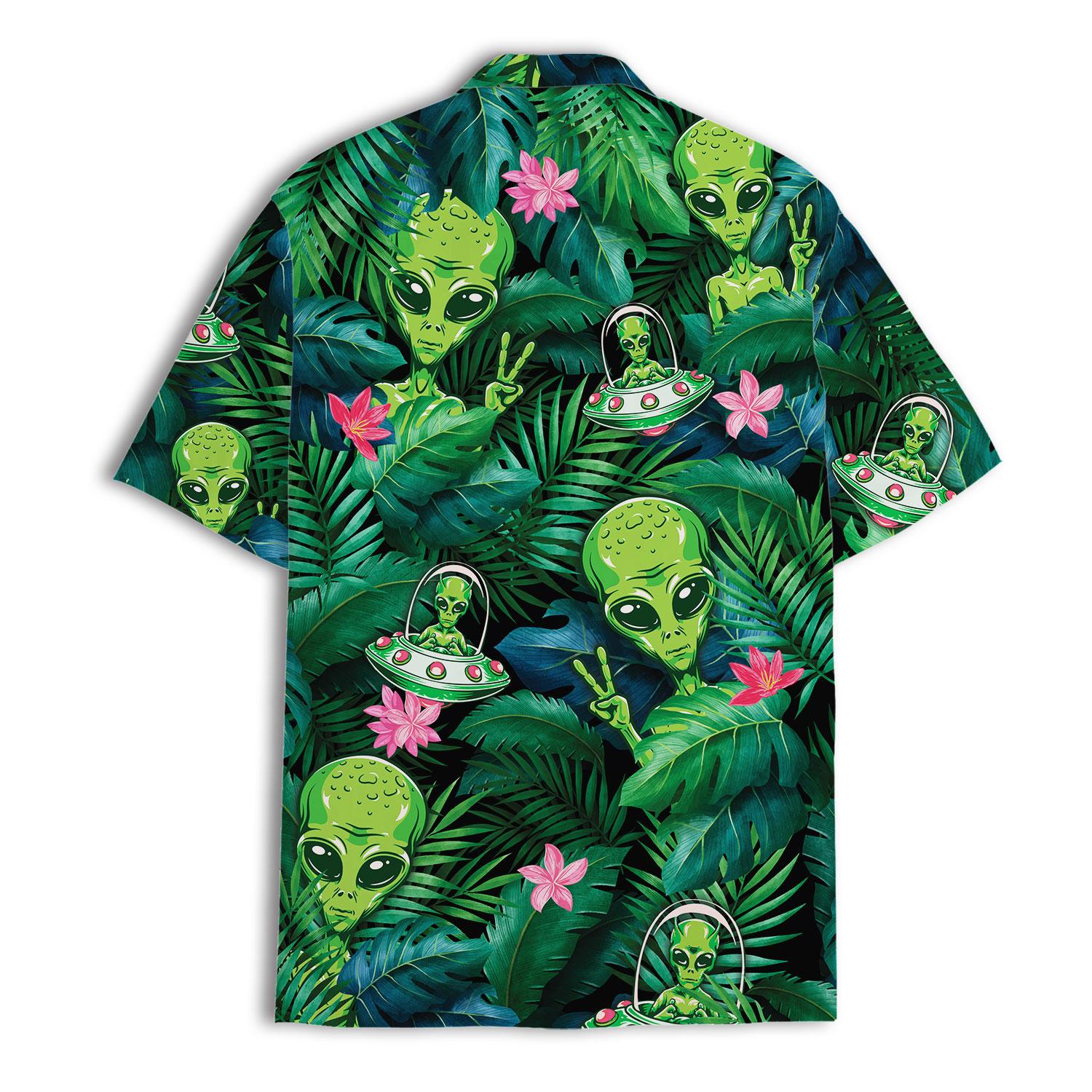 Back view of tropical Hawaiian shirt featuring green aliens and flying saucers