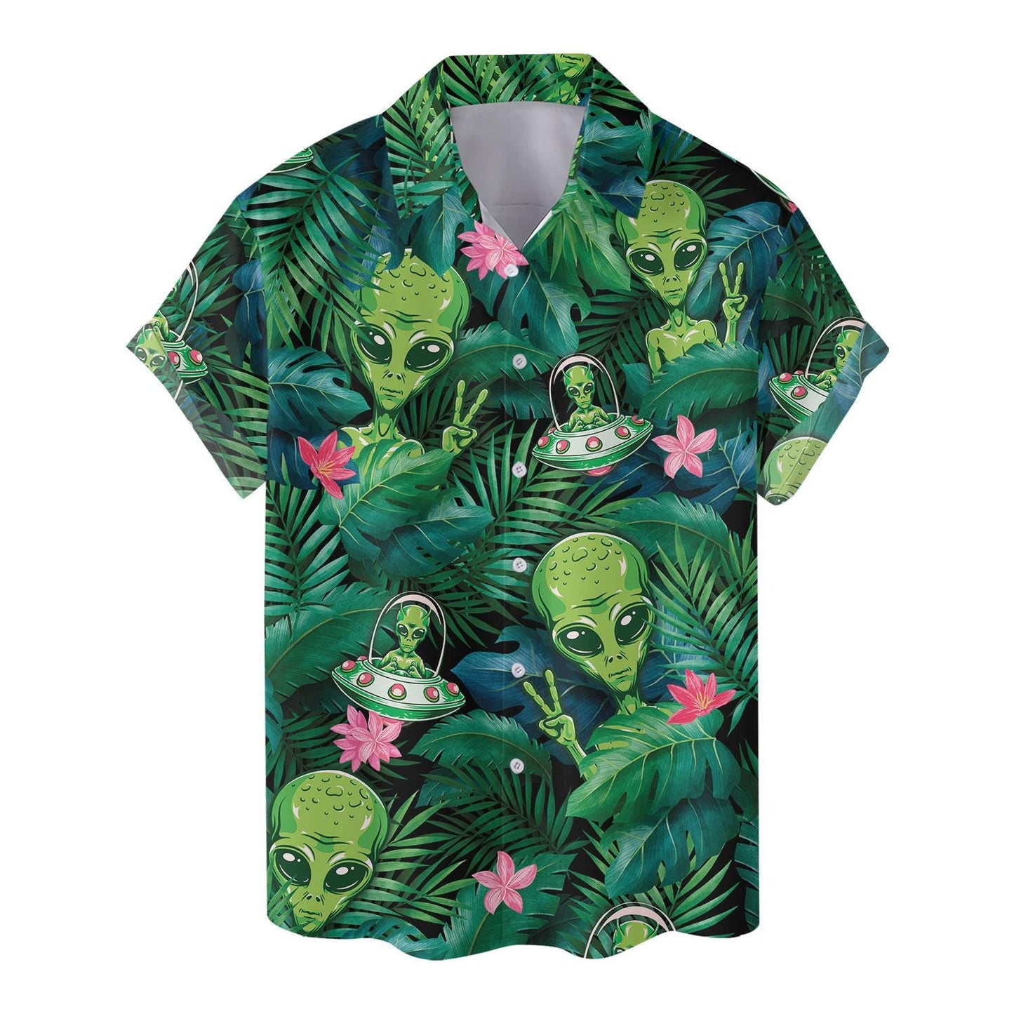 Front view of alien and UFO Hawaiian shirt with pink flowers and leafy jungle pattern