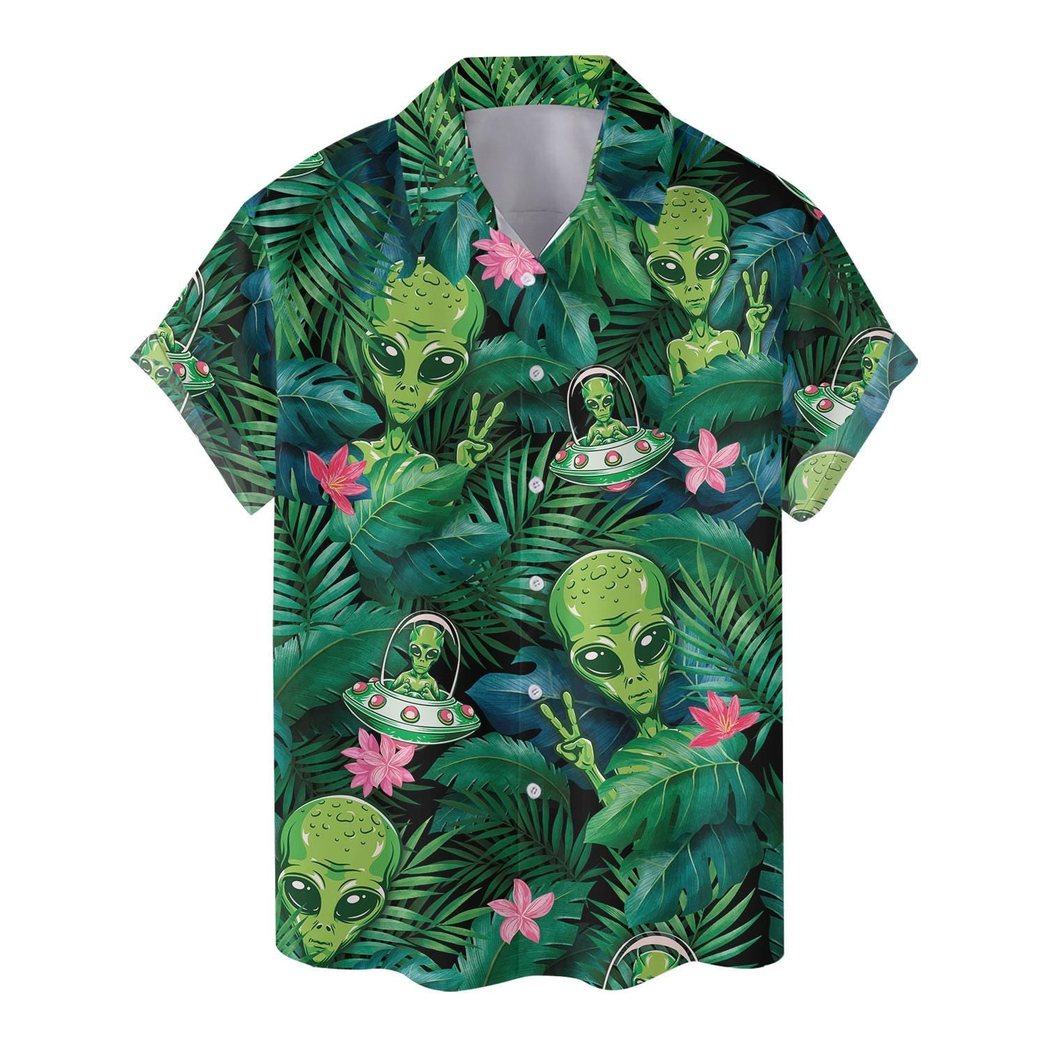 Front view of alien and UFO Hawaiian shirt with pink flowers and leafy jungle pattern