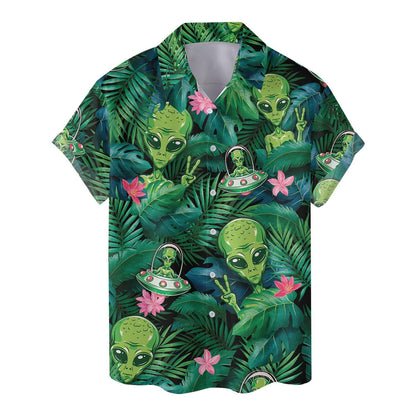 Front view of alien and UFO Hawaiian shirt with pink flowers and leafy jungle pattern