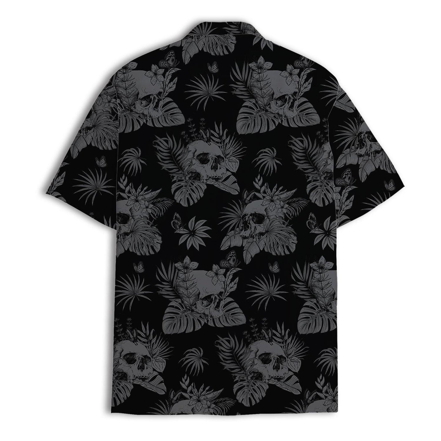 Back view showing the all-over skull, palm, leaf, and flower print