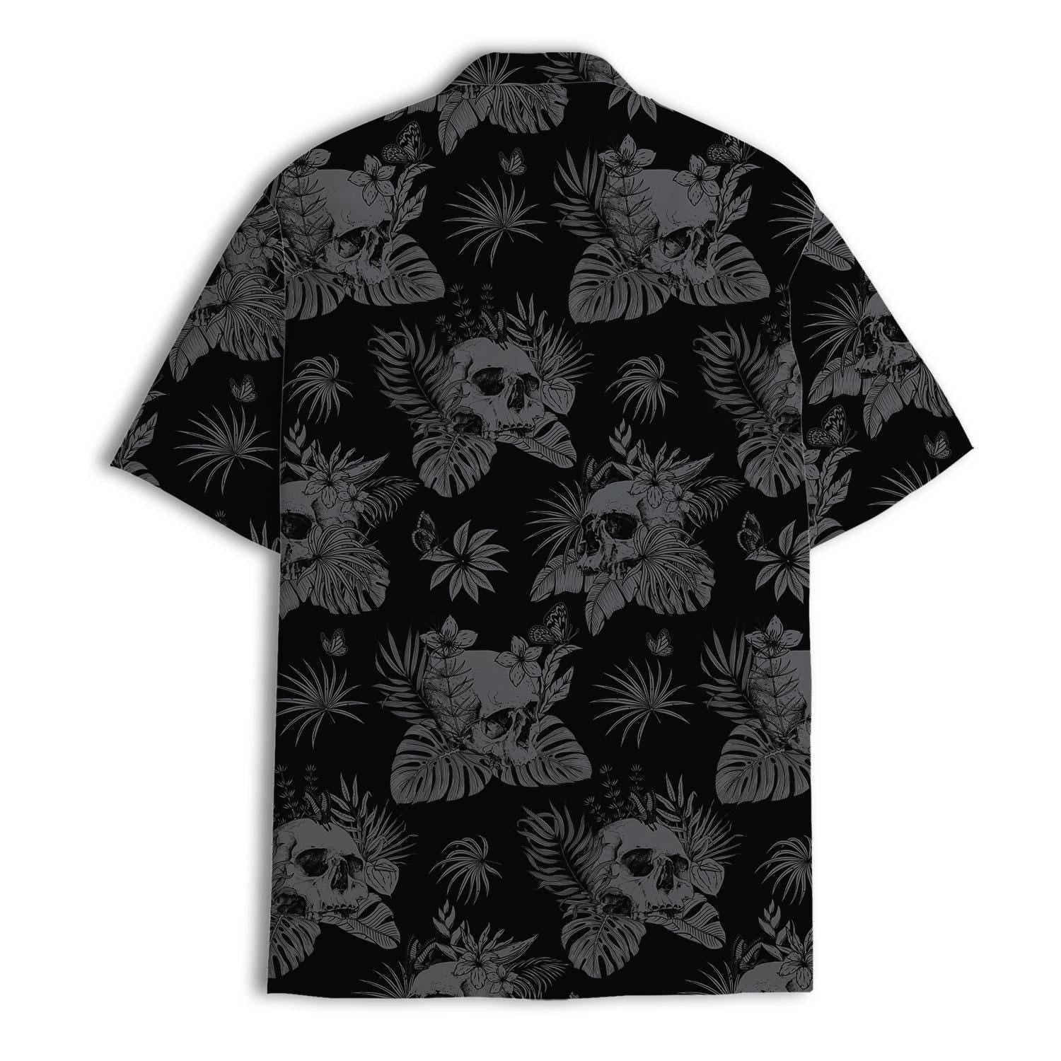 Back view showing the all-over skull, palm, leaf, and flower print