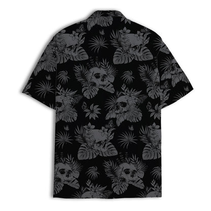 Back view showing the all-over skull, palm, leaf, and flower print