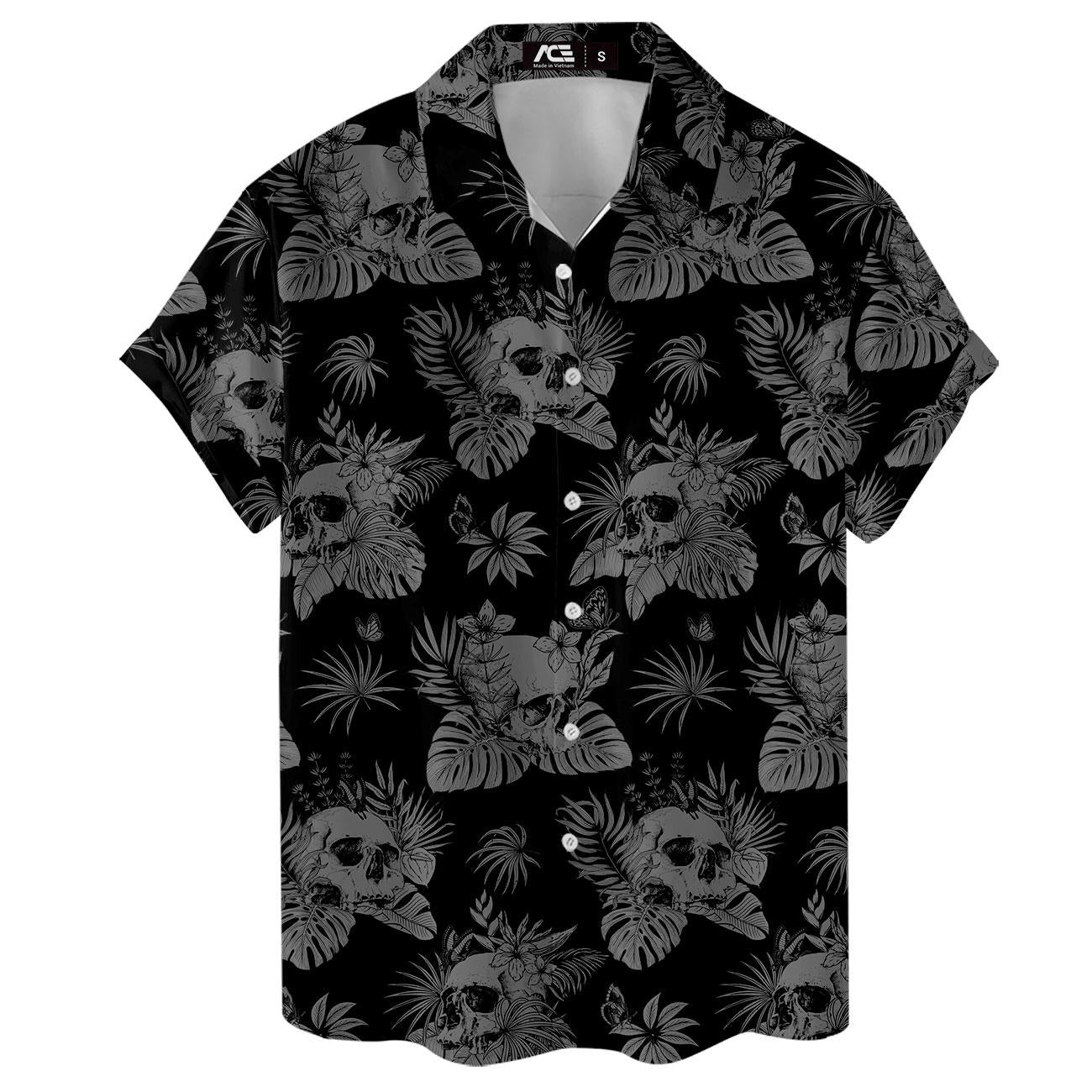 Flat front view of the short-sleeve black skull Hawaiian button-up shirt