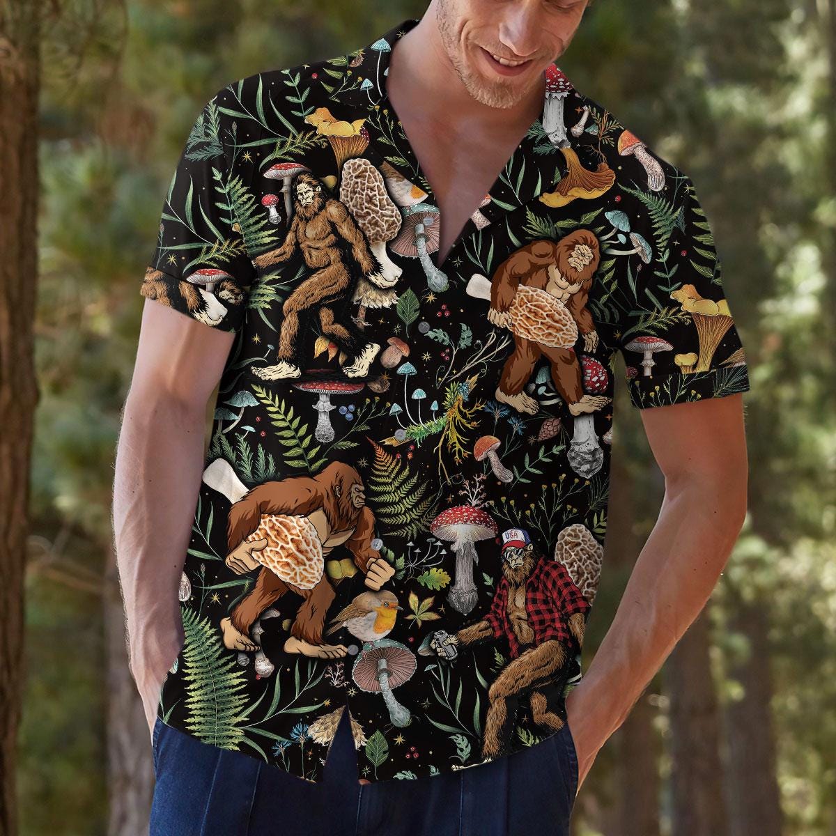 Model styling the black forest creature Hawaiian shirt in a woodland setting