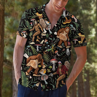 Model styling the black forest creature Hawaiian shirt in a woodland setting