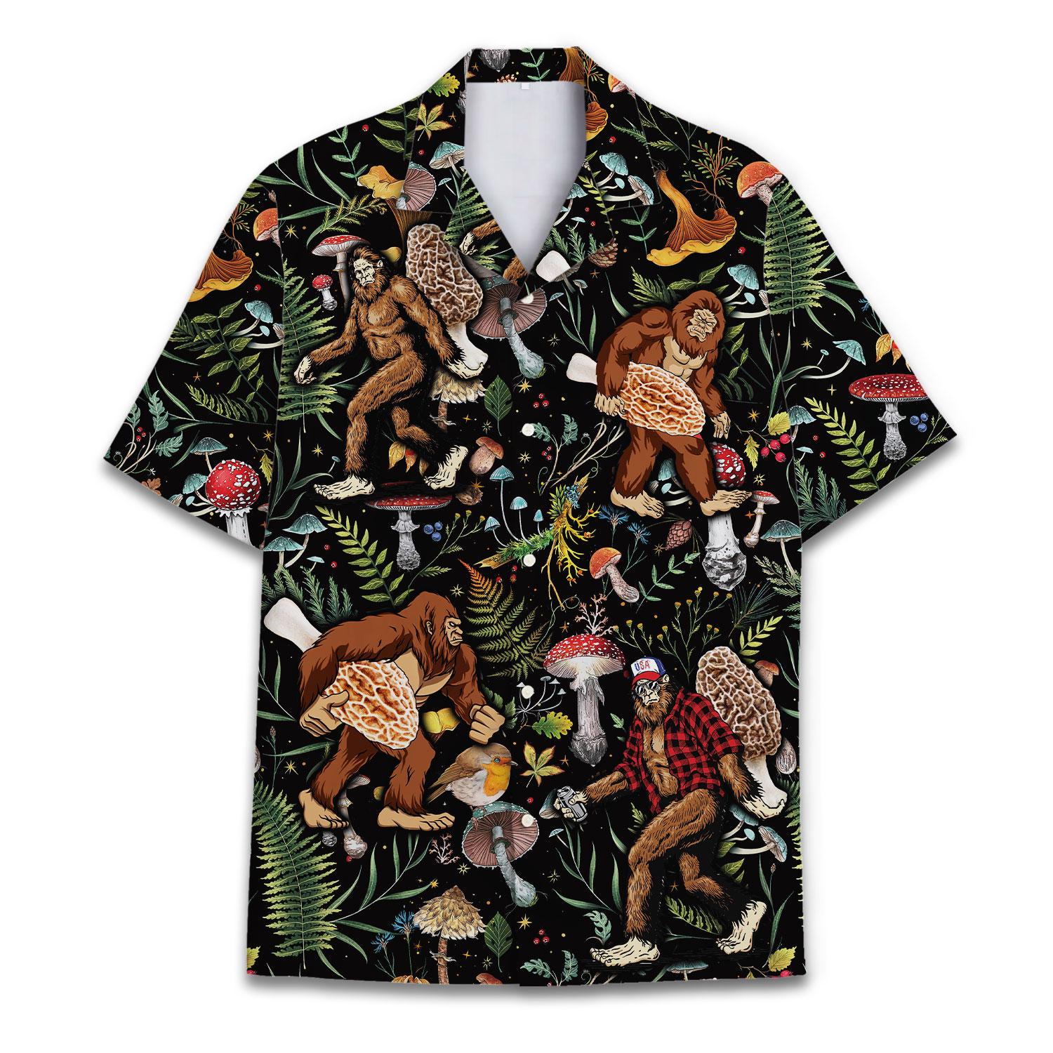 Front view of black Sasquatch mushroom Hawaiian shirt with all-over forest print