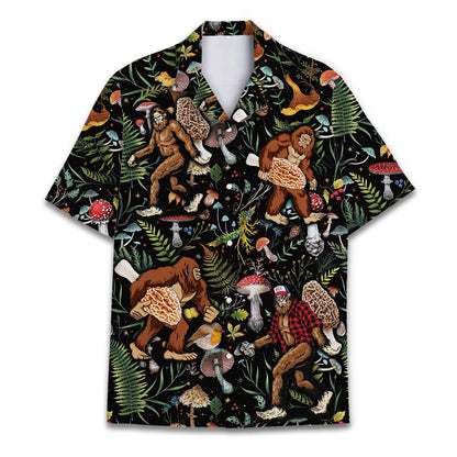 Front view of black Sasquatch mushroom Hawaiian shirt with all-over forest print