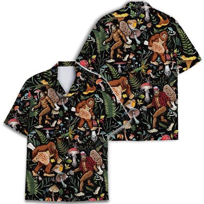 Two views of Sasquatch mushroom Hawaiian shirt showing the repeating woodland design