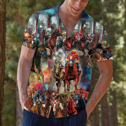 Model wearing a vivid horse racing Hawaiian shirt outdoors