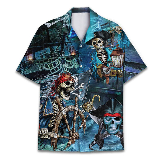 Pirate skeleton Hawaiian shirt with colorful shipwreck artwork shown from the front
