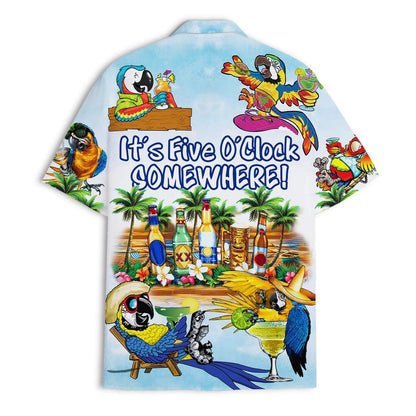 Back view of colorful parrot Hawaiian shirt with tropical beach artwork