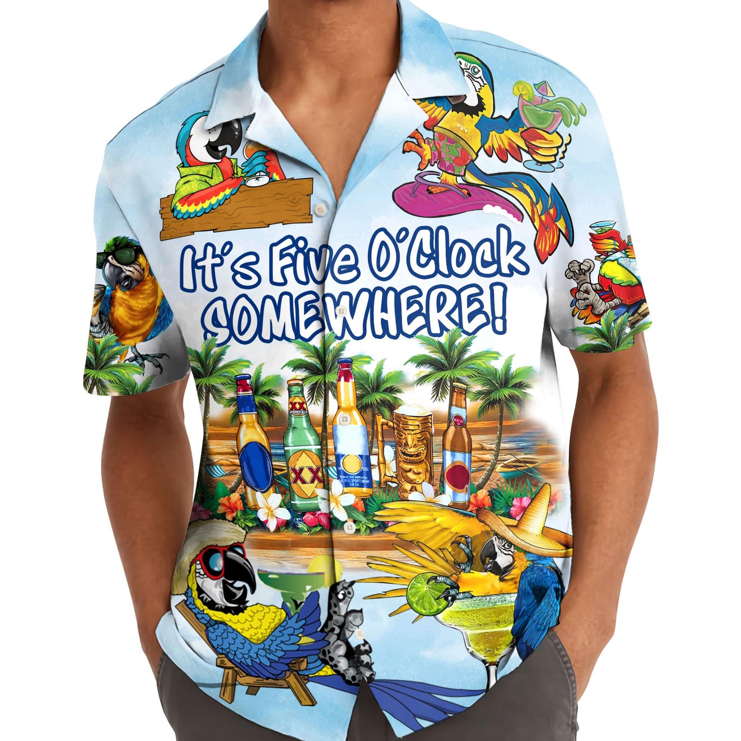 Model wearing colorful parrot Hawaiian shirt with tropical cocktail design