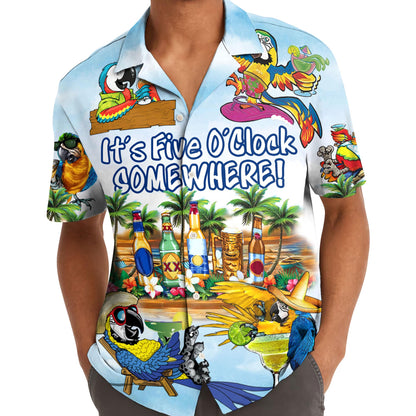Model wearing colorful parrot Hawaiian shirt with tropical cocktail design