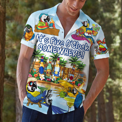 Model wearing Five O'Clock Somewhere parrot Hawaiian shirt outdoors