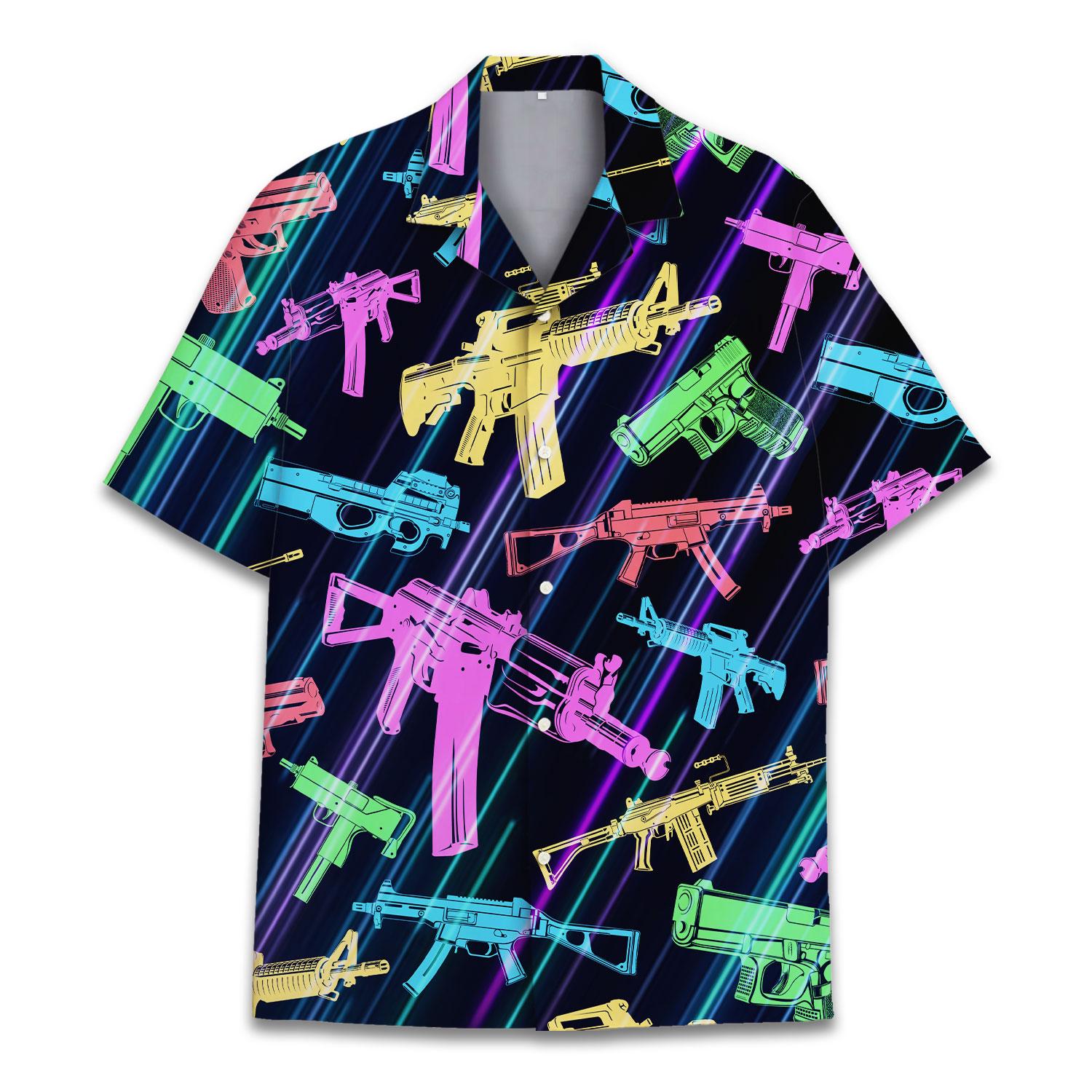Front view of a dark Hawaiian shirt covered in colorful neon gun illustrations