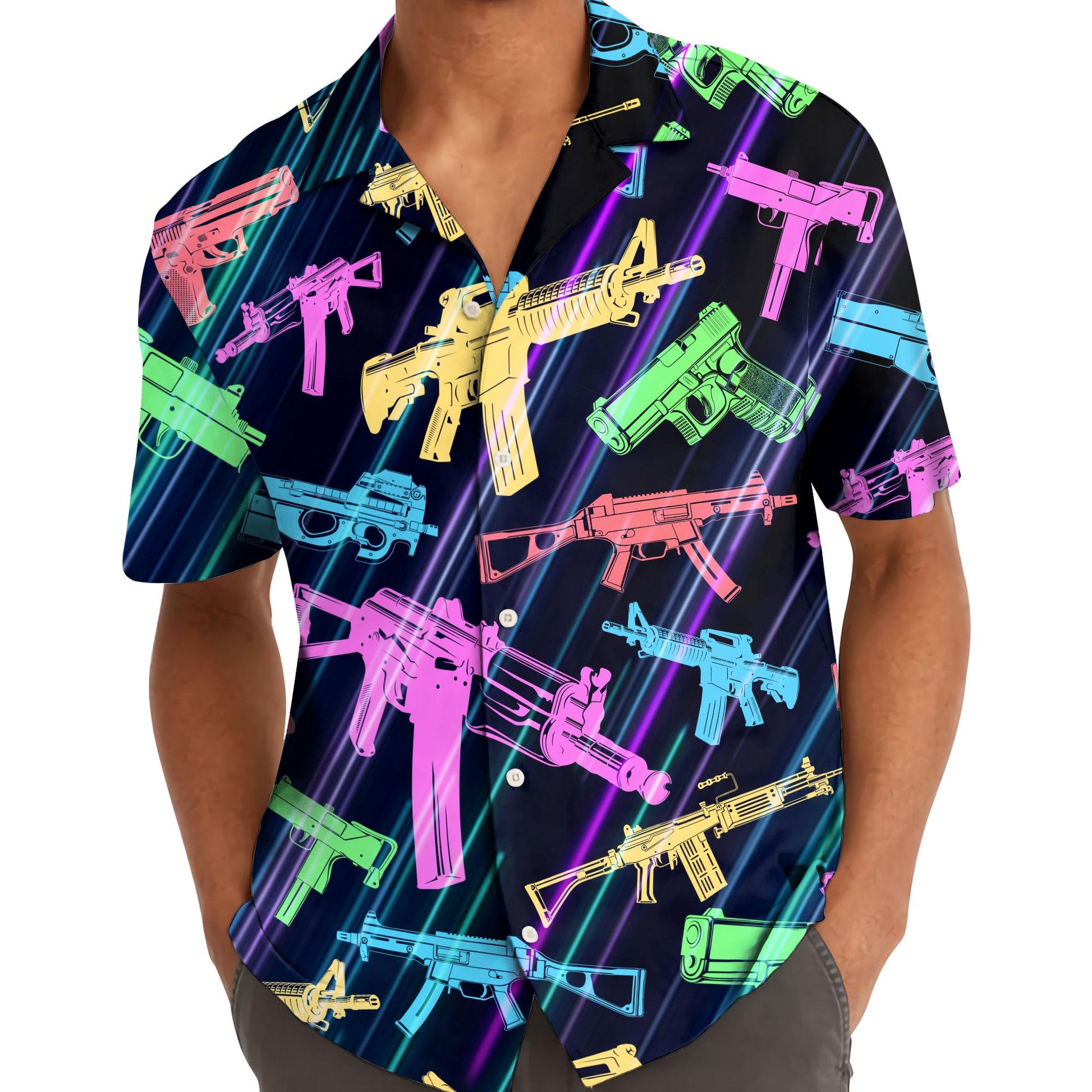 Person wearing a colorful neon gun pattern Hawaiian shirt outdoors