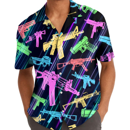 Person wearing a colorful neon gun pattern Hawaiian shirt outdoors