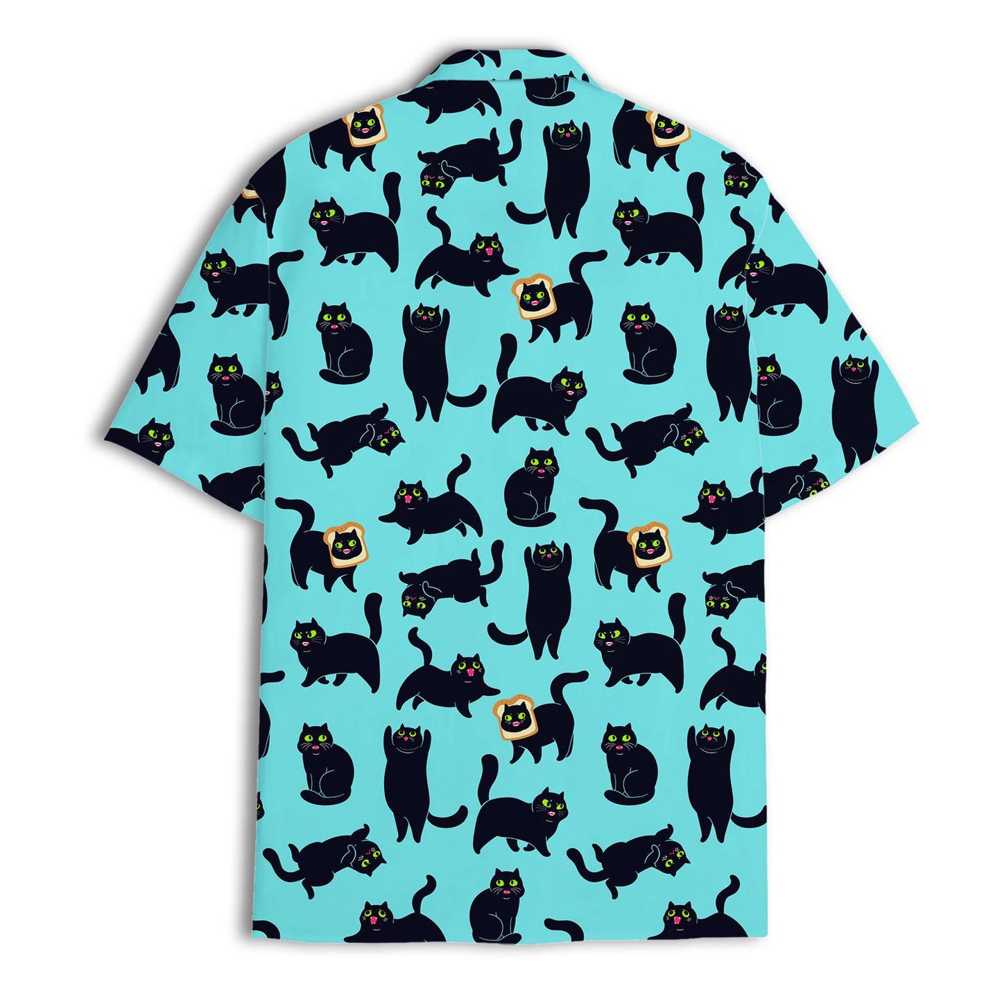 Back view of an aqua Hawaiian shirt covered in black cat illustrations