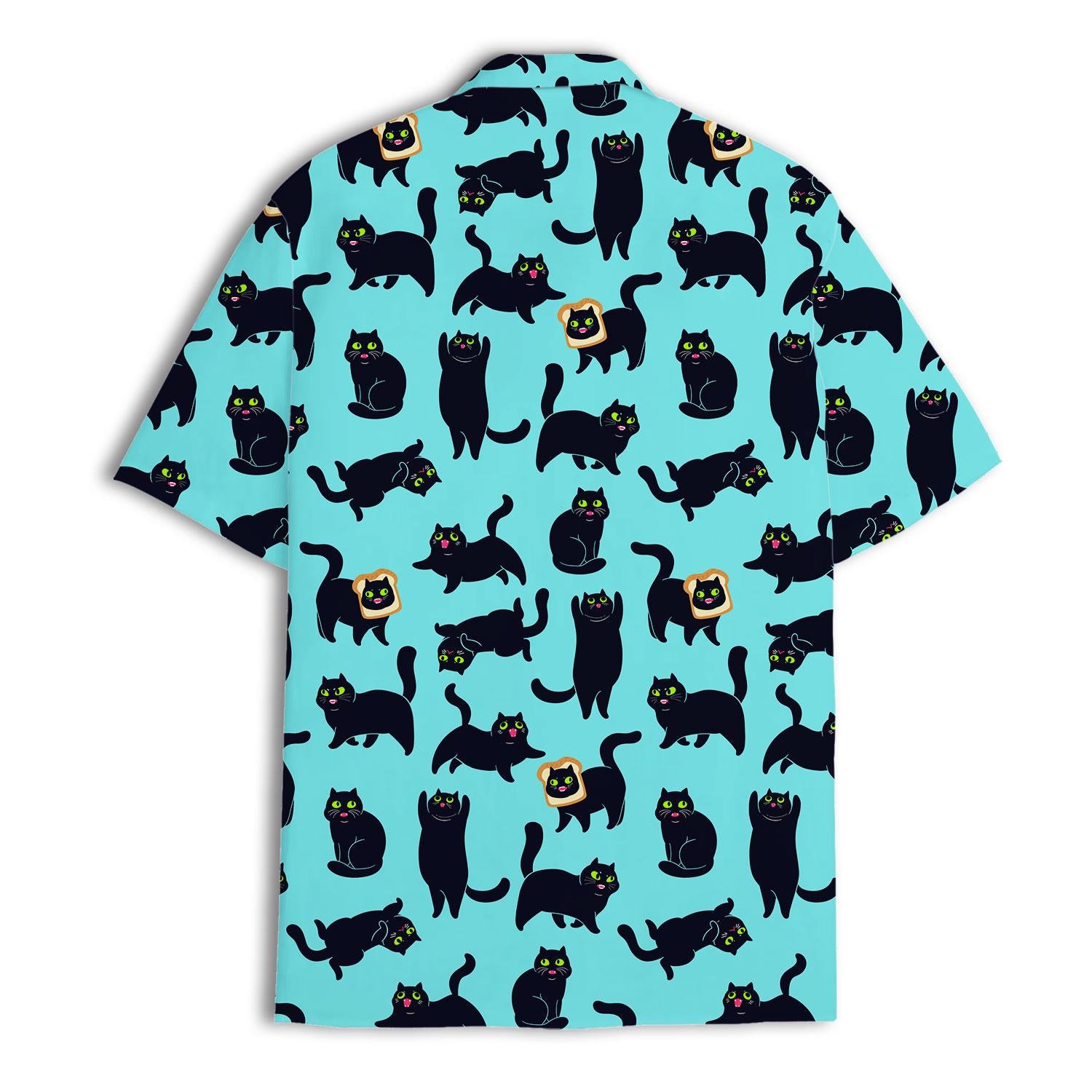 Back view of an aqua Hawaiian shirt covered in black cat illustrations