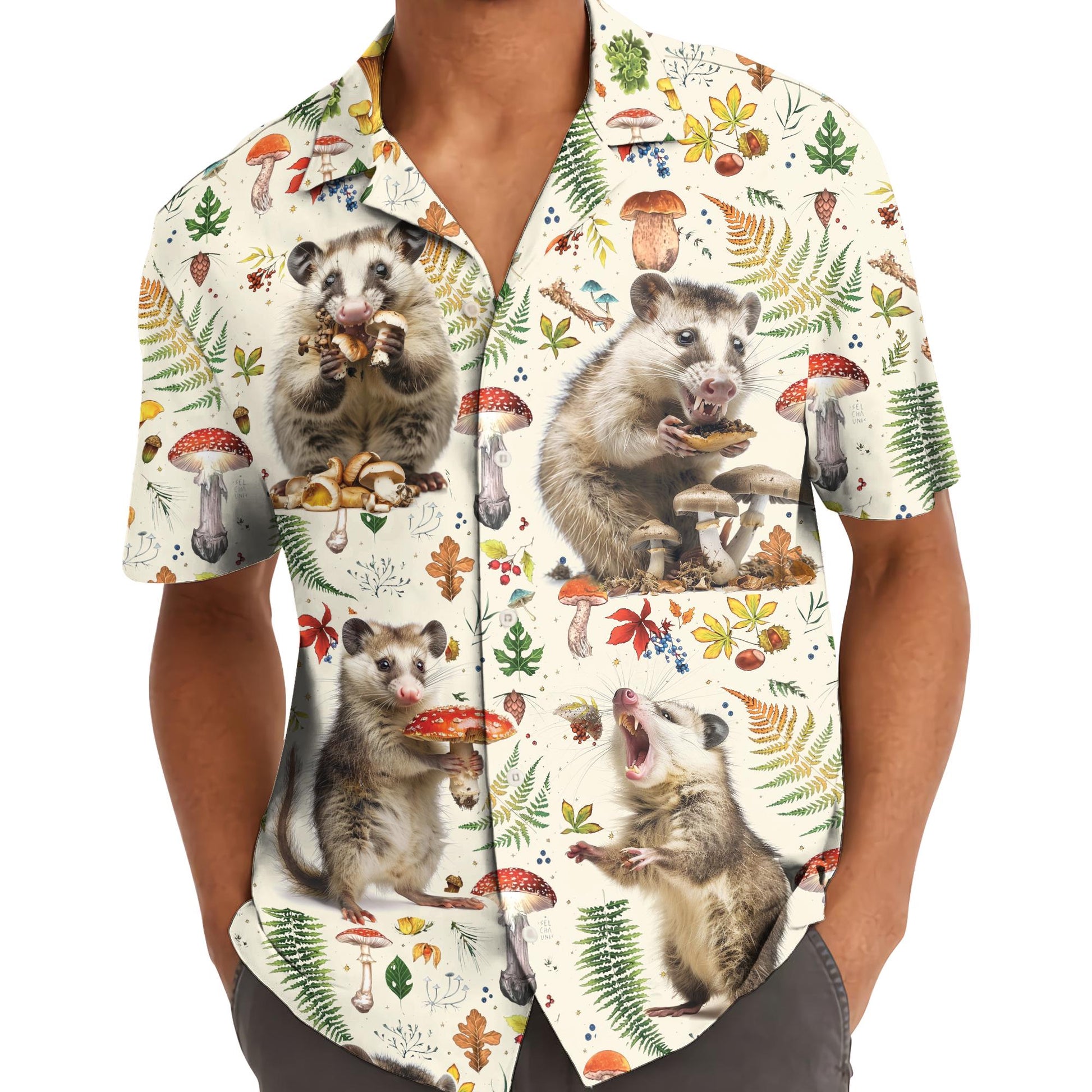 Model wearing the opossum woodland Hawaiian shirt with an open collar and short sleeves