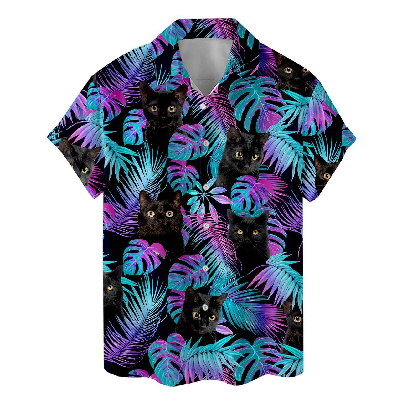 Short-sleeve black cat Hawaiian shirt with colorful palm leaves