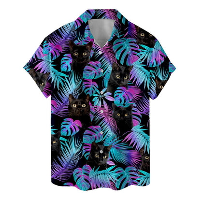 Short-sleeve black cat Hawaiian shirt with colorful palm leaves