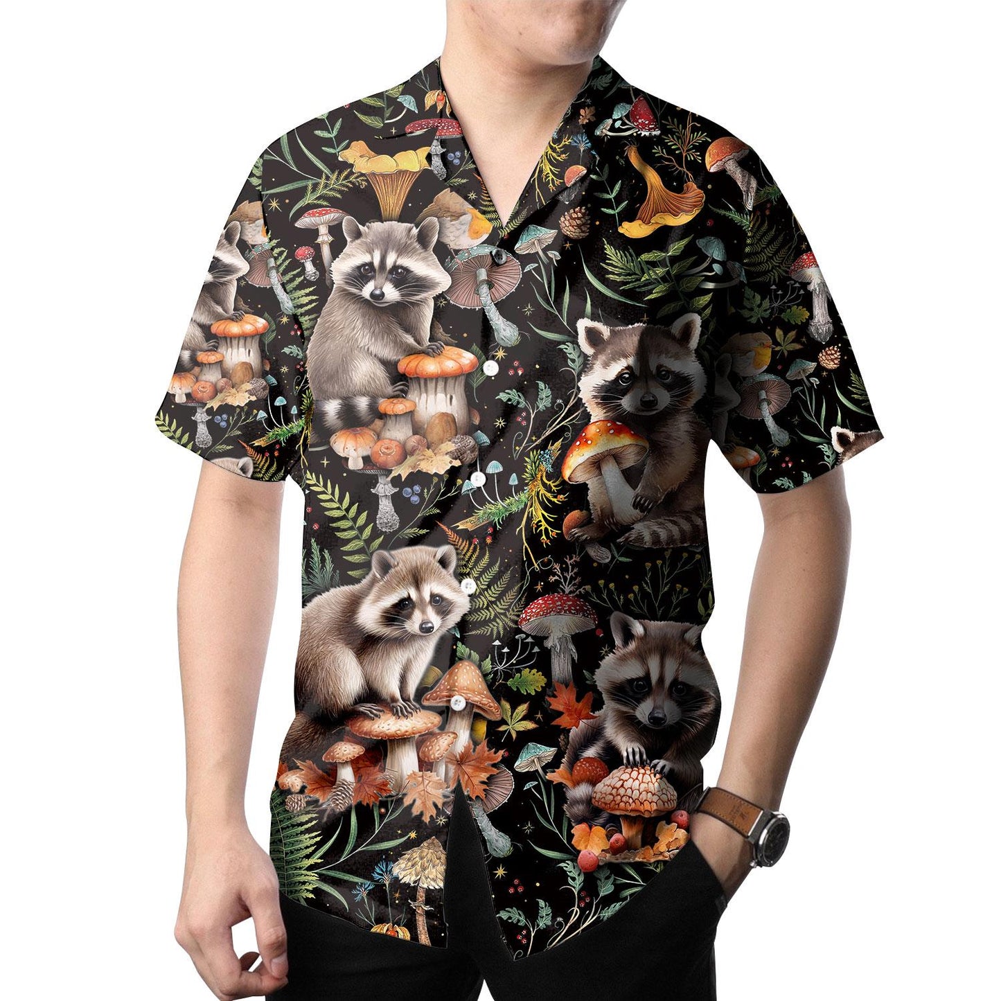 Model wearing raccoon mushroom Hawaiian shirt