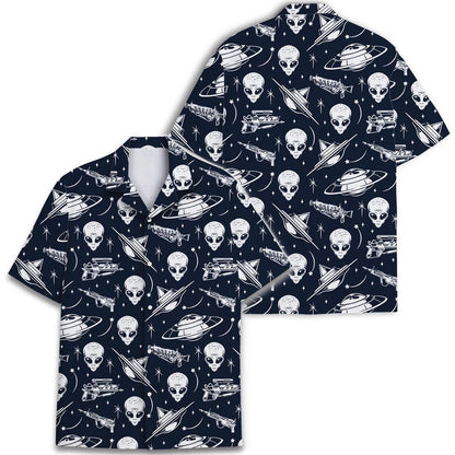 Two views of navy space-themed Hawaiian shirt with repeating alien and UFO print