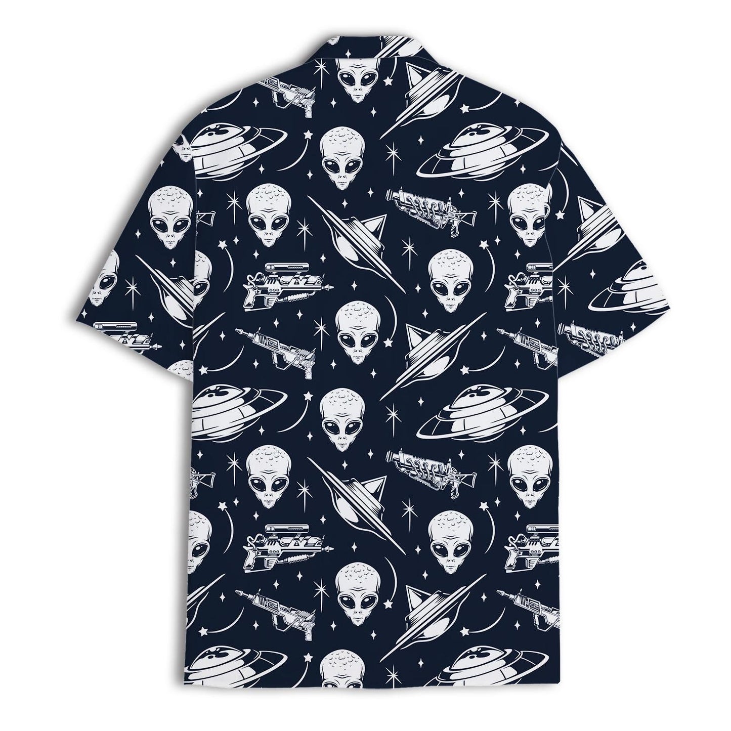 Back view of navy alien and rocket Hawaiian shirt with all-over space pattern