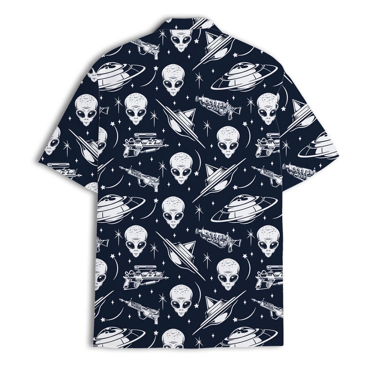 Back view of navy alien and rocket Hawaiian shirt with all-over space pattern