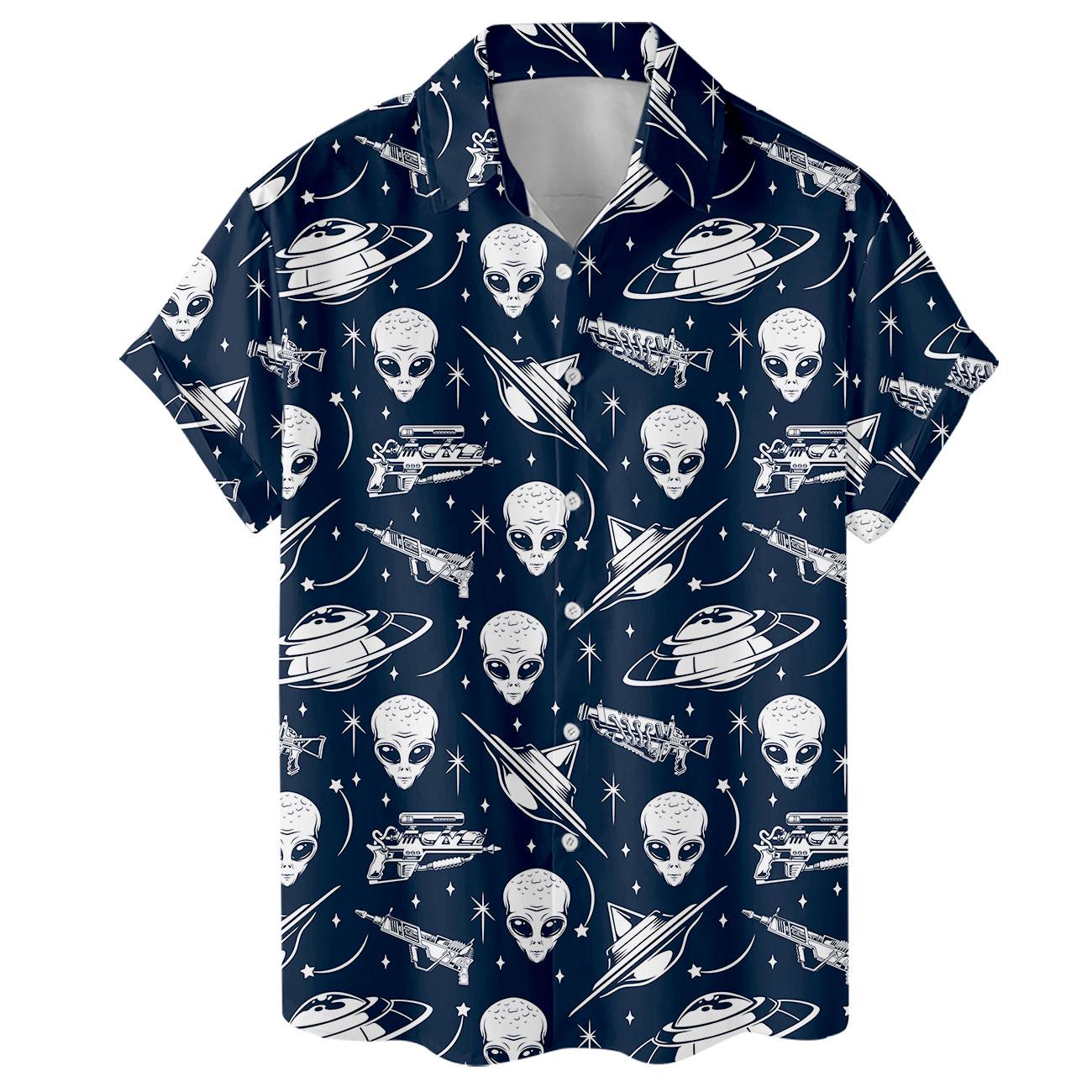 Front view of navy collared Hawaiian shirt featuring aliens, flying saucers, rockets, and stars