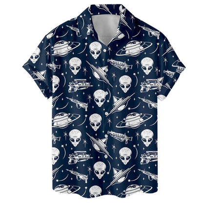 Front view of navy collared Hawaiian shirt featuring aliens, flying saucers, rockets, and stars