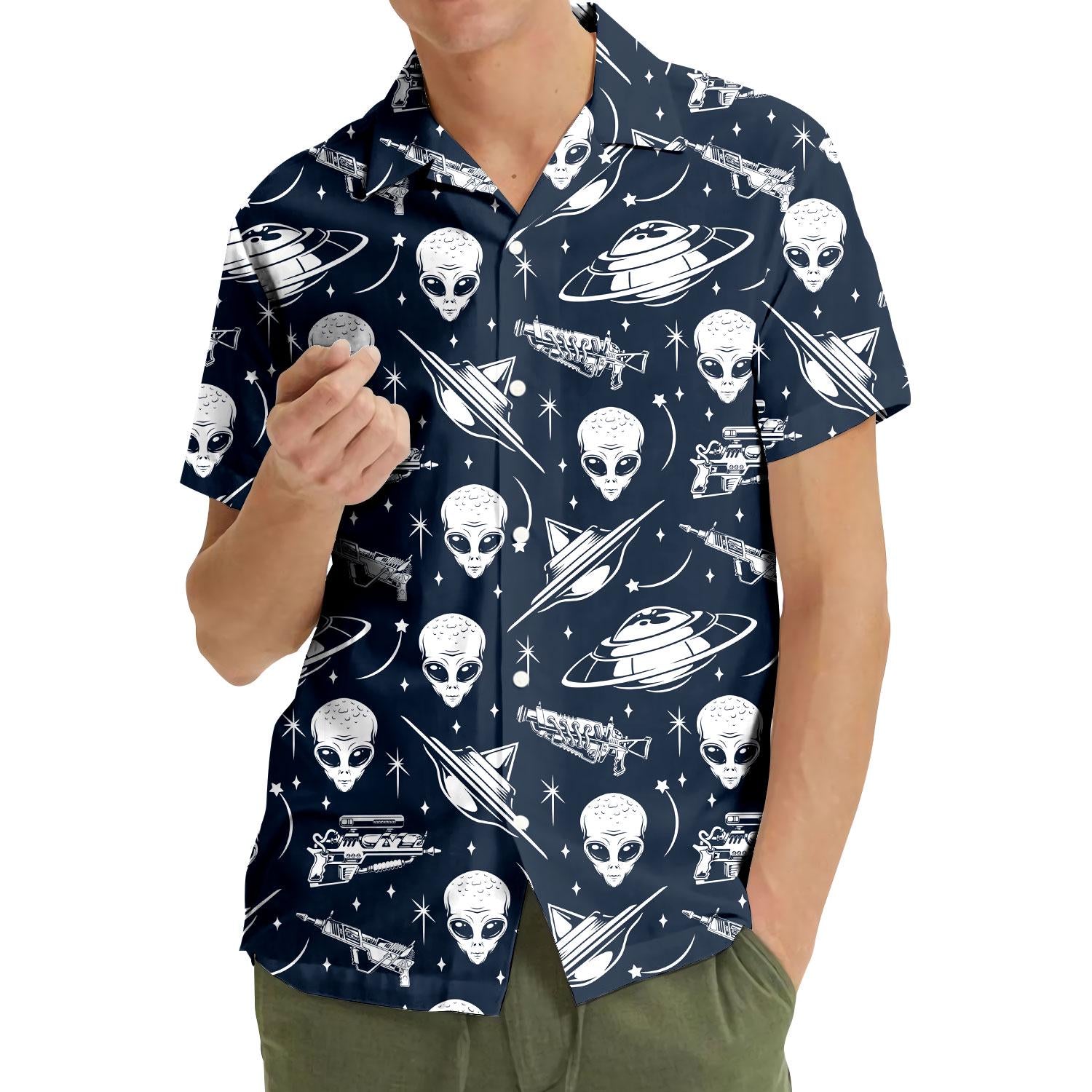 Model wearing navy alien UFO Hawaiian shirt with short sleeves