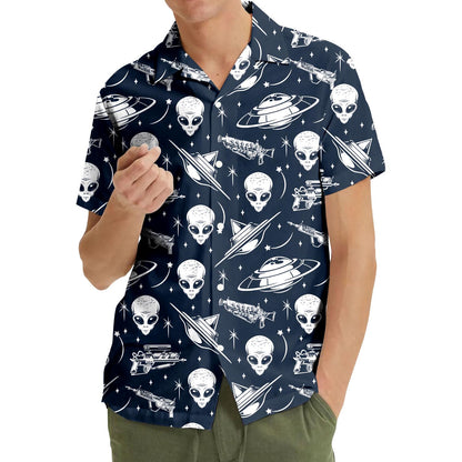 Model wearing navy alien UFO Hawaiian shirt with short sleeves