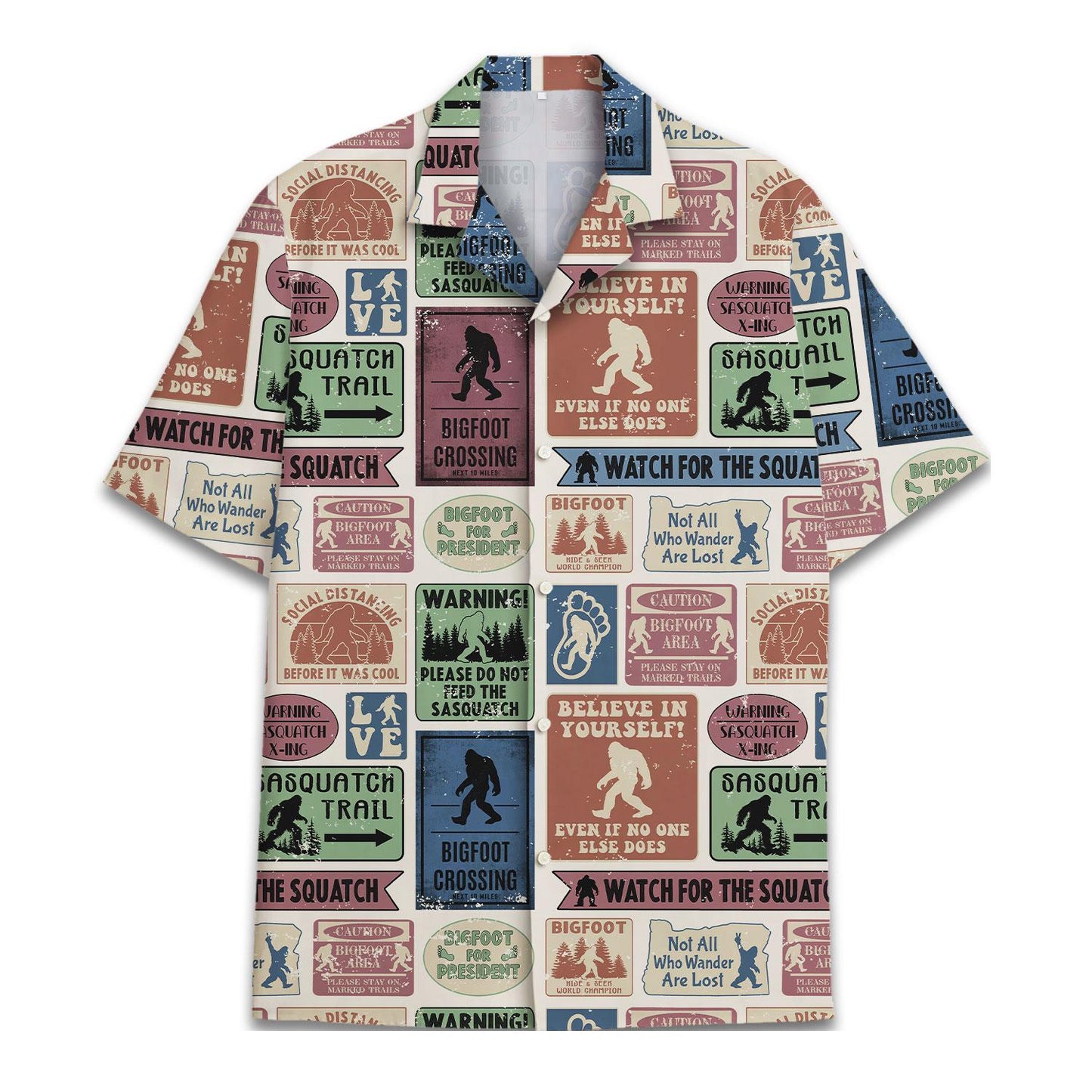 Front view of a Sasquatch-themed Hawaiian shirt with an all-over collage of Bigfoot signs and wilderness graphics
