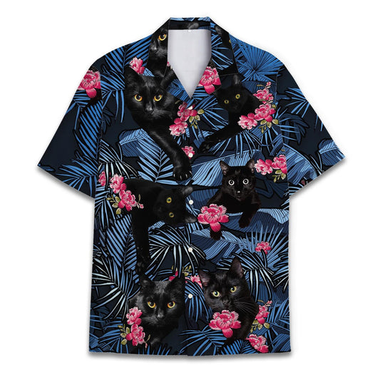 Front view of a black cat Hawaiian shirt with blue leaves and pink flowers