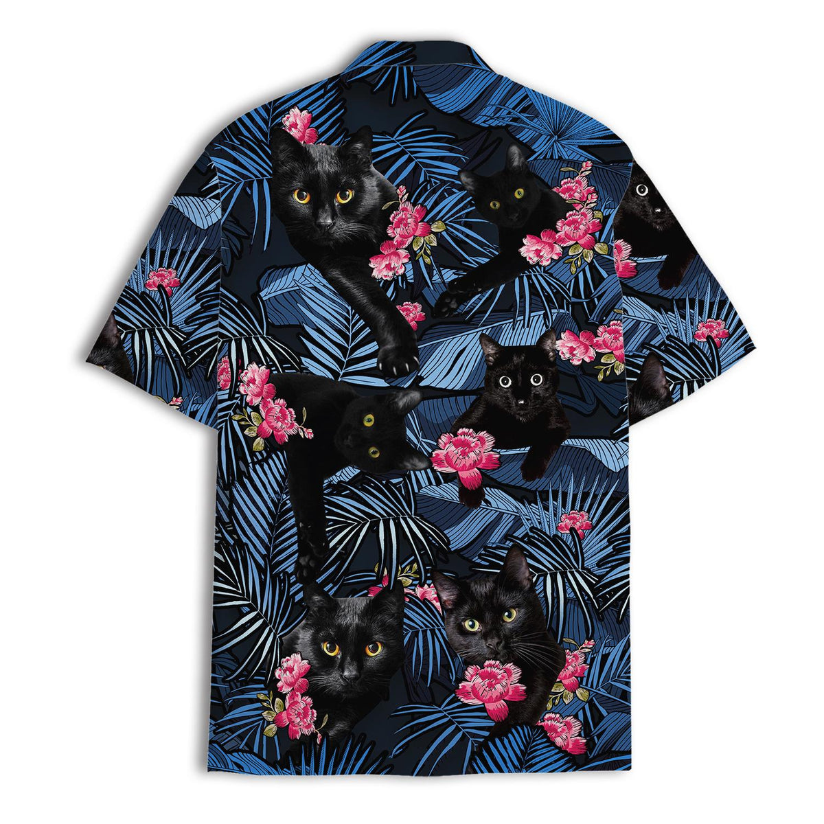 Black cat Hawaiian shirt shown from the front with allover floral print