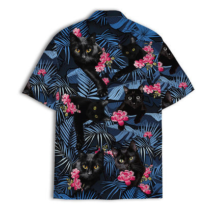 Black cat Hawaiian shirt shown from the front with allover floral print
