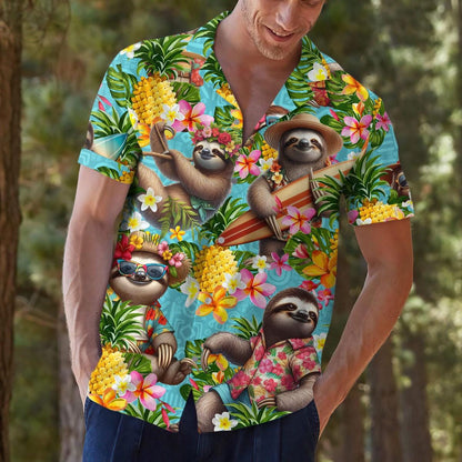 Close-up view of a tropical sloth Hawaiian shirt on a model