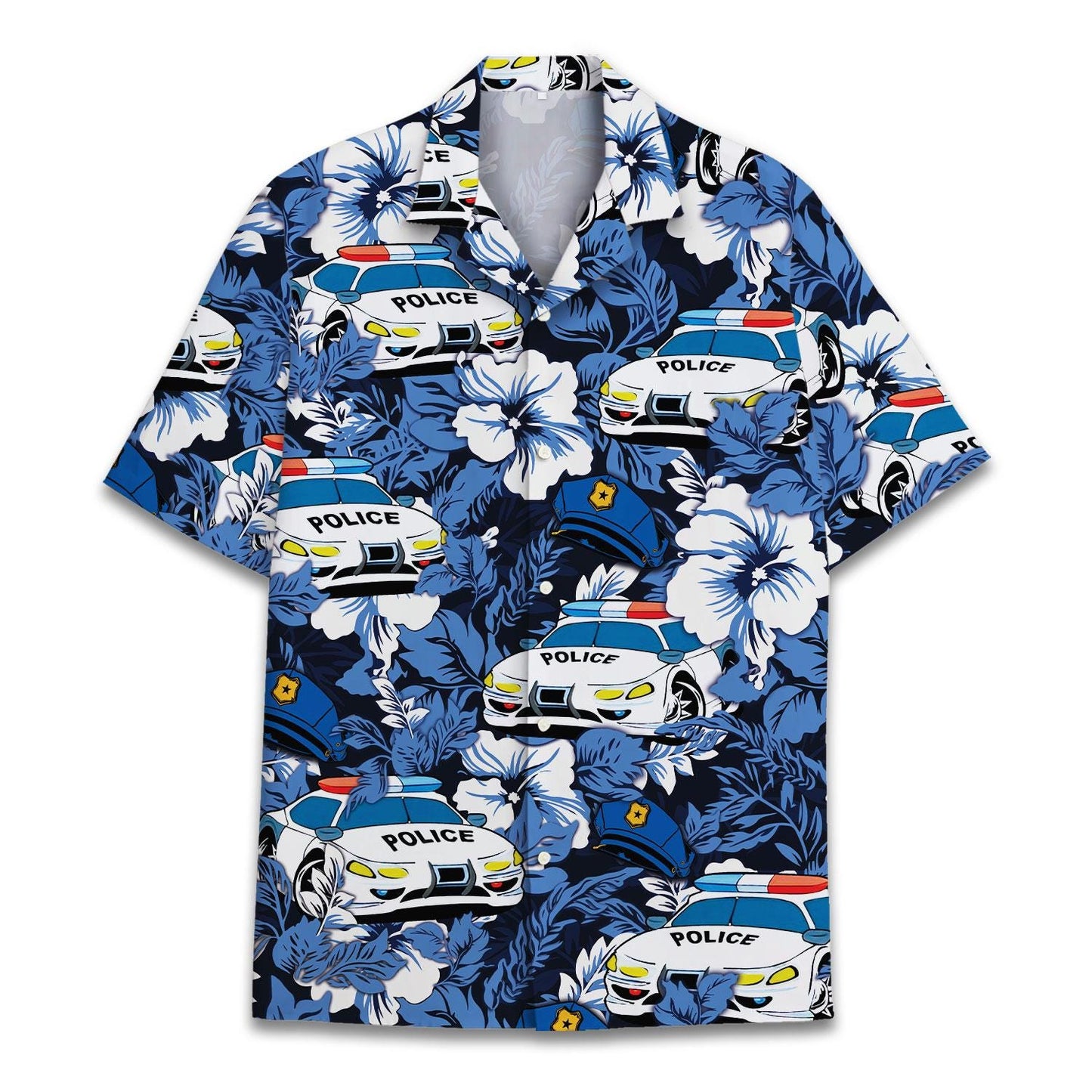 Blue Hawaiian shirt with police cars and tropical flowers