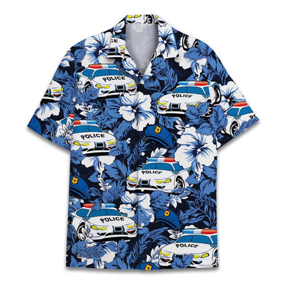Blue Hawaiian shirt with police cars and tropical flowers