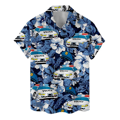 Blue short-sleeve button-up shirt with police car print